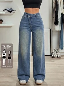 SHEIN Tall 高個女款休閒百搭交叉鈕扣腰直筒牛仔褲 - 深色水洗藍 - 查看 1