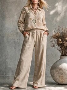 Ceyna Plus Size Women French Casual Soft Form Elegant Long Sleeve Shirt And Pants 2 Pieces Set Autumn Formal Vacation Beige - Apricot - View 4