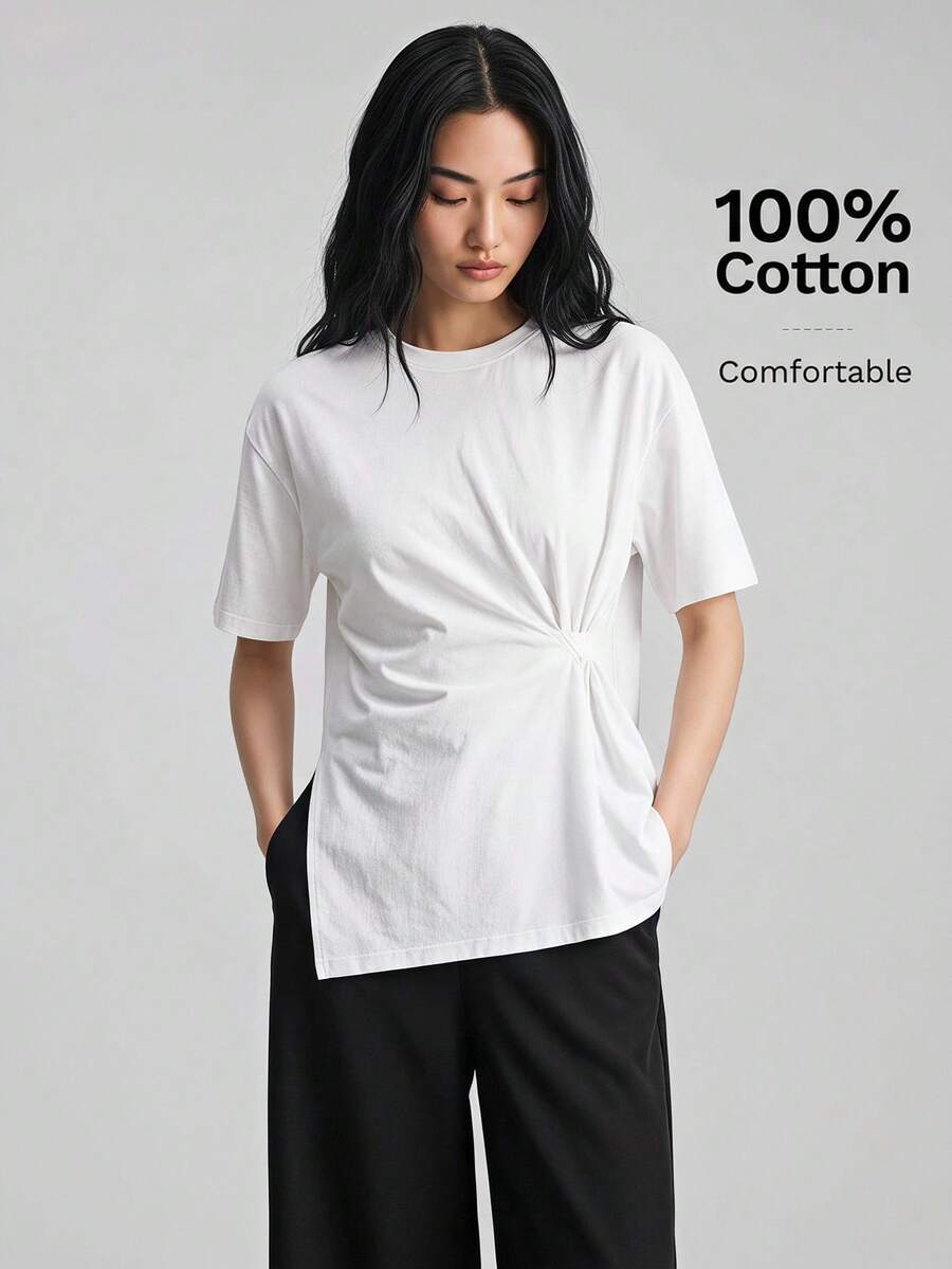 Ontre 女士白色T恤，夏季日常轻松时尚针织面料，扭结设计，圆领落肩袖，现代都市办公服饰