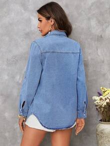 SHEIN CURVE+ 大尺碼女款單排扣休閒日常牛仔上衣 - 藍色 - 查看 2