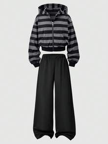 SHEIN 青少年女孩2件套，拉鍊連帽衫寬腿黑色長褲，復古，寬鬆，針織，休閒，秋季，拉鍊條紋連帽衫，外套，夾克，波點 - 彩色 - 查看 6