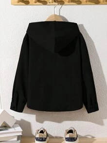 SHEIN 男童休閒燈芯絨拼接連帽寬鬆黑色梭織襯衫，適合冬季返校穿著，秋冬長袖上衣 - 黑色 - 查看 2