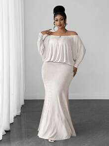 Maweii Vestido largo de punto elegante y casual para mujer de talla grande, versátil y único, con hombros descubiertos, mangas de murciélago y cintura ceñida, adecuado para verano, vuelta al colegio, graduación, Día de San Valentín, festival de música, Día de la Madre, Halloween, Acción de Gracias, Pascua, Día Nacional, baile de graduación, cita, fiesta, salida, etc. - Albaricoque - Ver 5