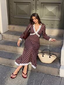 SHEIN PariChic Women's Contrast Lace V-Neck Polka Dot Print Long Sleeve Elegant Dress - Brown - View 3