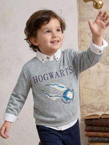 PrepCrw HARRY POTTER X SHEIN 小男孩圓領字母圖案休閒日常長袖運動衫 - 灰色 - 查看 3