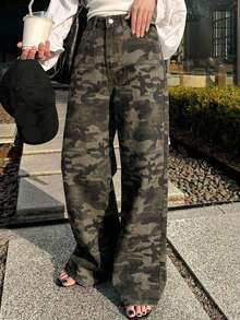 DAZY 女款寬鬆高腰修身直筒牛仔長褲，極簡百搭舒適拖地長褲 - 軍綠色 - 查看 2