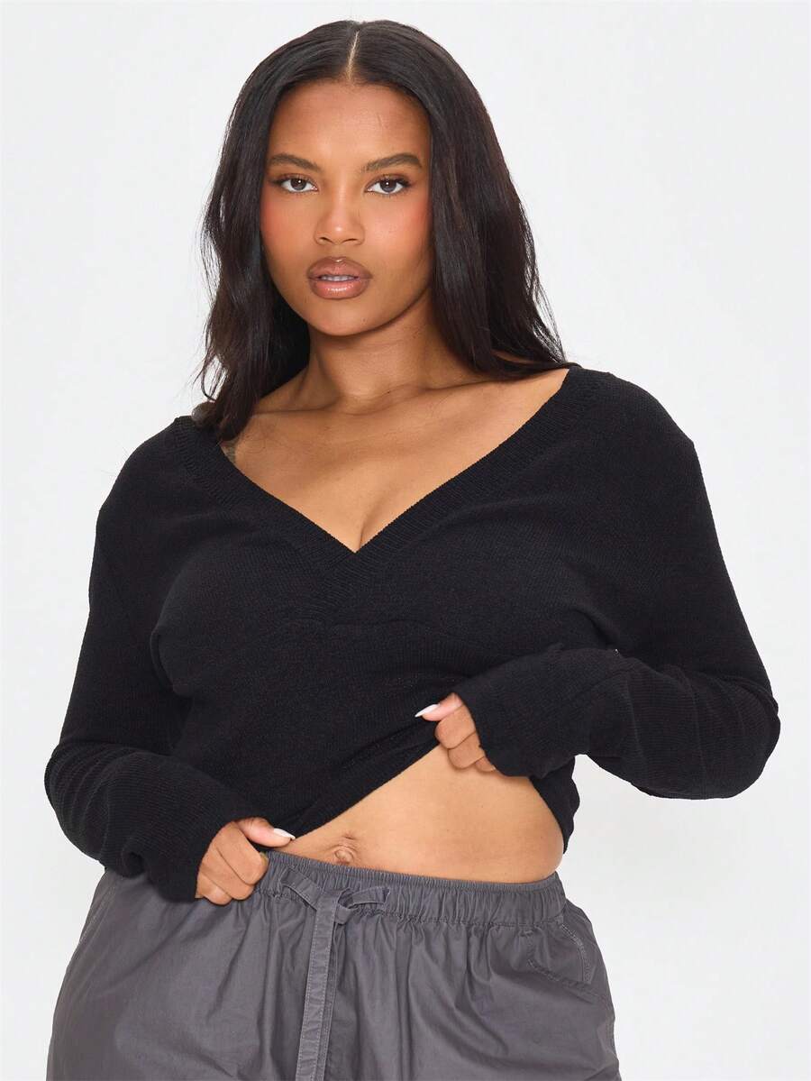 MUSERA Plus Size Black Knit V Neck Long Sleeve Top Spring Summer Casual Everyday Day Outfit Going Out - Black - View 1