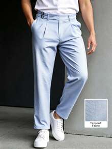 Manfinity Mode Men's Straight Leg Trousers,Light Blue Summer Casual Business Wedding Pants,Metal Buckle Textured Pleated Trousers,Loose Fit Commuter Formal Pants - Baby Blue - View 4