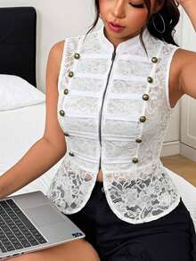 SHEIN EZwear 大尺碼女款蕾絲休閒百搭日常穿著襯衫 - 白色 - 查看 6
