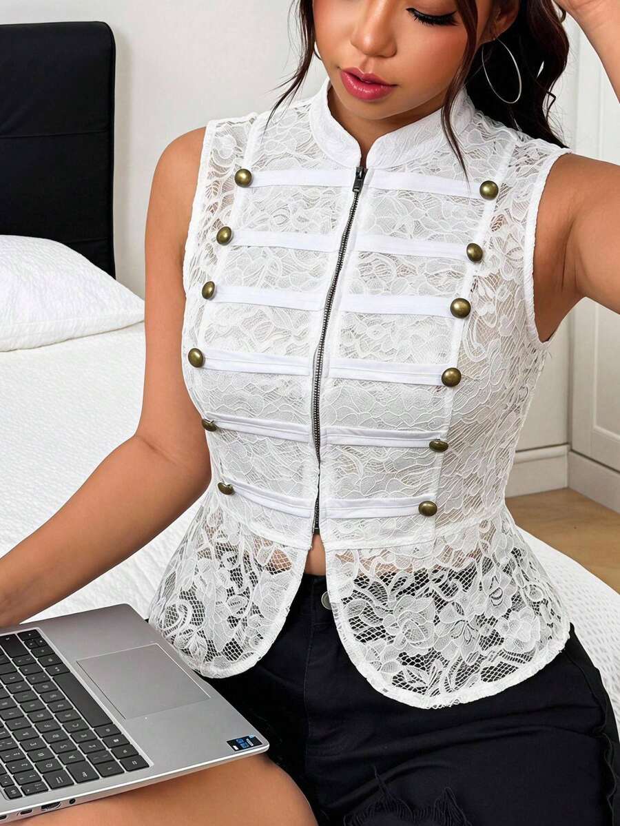 SHEIN EZwear Plus Size Women's Lace Casual Versatile Daily Wear Blouse - White - View 1