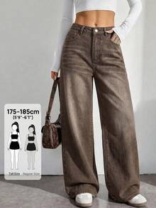 SHEIN Tall Women's Casual Versatile Daily Travel Denim Jeans With Pockets And Buttons - Brown - View 7