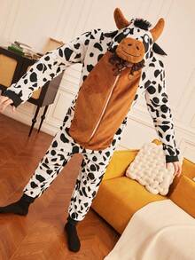 Provexi Provexi Black And White Cow Spotted Flannel One-Piece Pajamas, Hooded Raglan Sleeve Front Zipper Animal Costume Full Foot Home Wear, Soft Fluffy Cartoon Cosplay Robe For Autumn/Winter - Multicolor - View 5