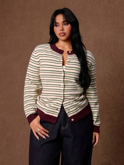 Rustia Plus Size Women's Striped Colorblock Casual Versatile Daily Outing Cardigan Winter