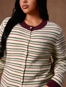 Rustia Cardigan Kasual Serbaguna Wanita Ukuran Plus Motif Garis-Garis Blok Warna untuk Aktivitas Sehari-hari di Musim Dingin - MultiWarna - View 3