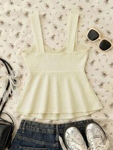 SHEIN Teen Girls Knitted Textured Ruched White Casual Cute Love Island Fitted Camisole Vacation Summer Primary School,Middle School,School Pinafore / Apron - Beige - View 2