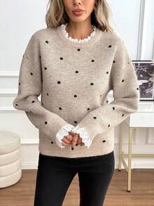 SHEIN LUNE Sweater Lengan Panjang Wanita Motif Polkadot Kasual Serbaguna untuk Pemakaian Sehari-hari - MultiWarna - View 3