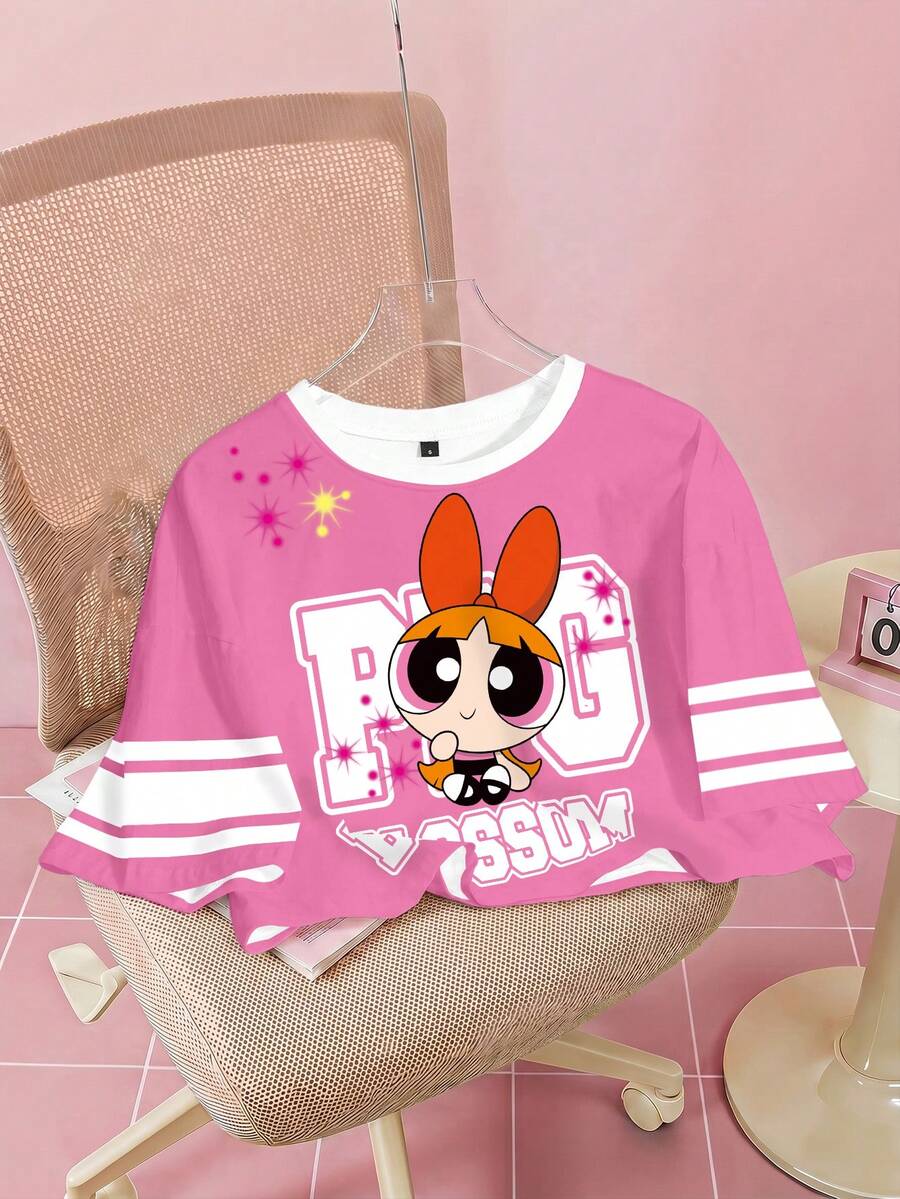 THE POWERPUFF GIRLS X SHEIN 女款字母卡通印花短袖休閒短版T恤 - 白色 - 查看 1