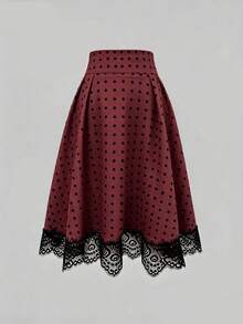 SHEIN Women's Polka Dot Pattern Contrast Lace Hem Elegant Pleated Skirt - Burgundy - View 3