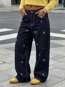 Livesso High Waist Star Embroidered Loose Wide Leg Street Style Dark Blue Women's Jeans Fall - Dark Wash - View 3