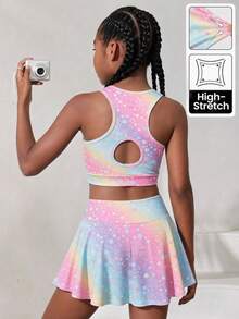 SHEIN 兒童青少年女孩彩虹星星印花針織三件套：長袖半高領拉鍊上衣、露背細肩帶背心與迷你裙褲，返校穿搭 - 彩色 - 查看 2