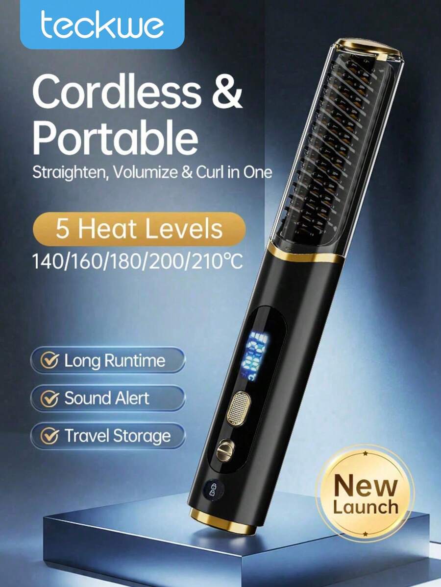 Teckwe Portable Wireless Straight Hair Comb, LED Digital Display Screen, USB Charging Interface, Lightweight And Compact Design, Suitable For Home And Travel Use, Women's Curling Iron, Power On/Off Prompt Sound, Halloween Style, 4000mAh Rechargeable Battery