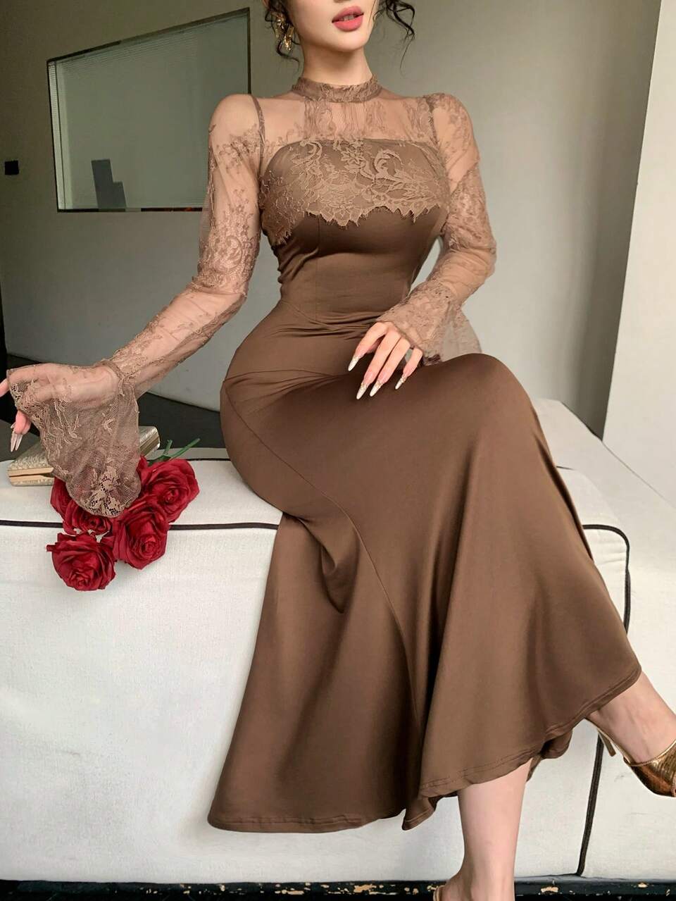 Women's Elegant Satin Lace Patchwork Round Neck Long Sleeve Flare Sleeve Dress Fall