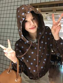 DAZY Women's Polka Dot Drawstring Hooded Casual Daily Long Sleeve Denim Jacket Fall - Brown - View 1