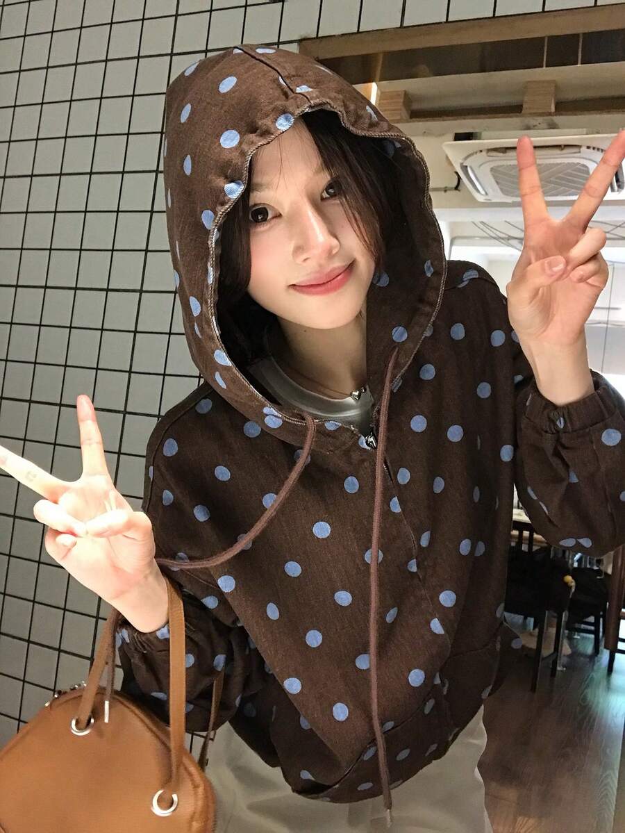 DAZY Women's Polka Dot Drawstring Hooded Casual Daily Long Sleeve Denim Jacket Fall - Brown - View 1