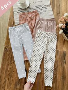 SHEIN Playful Pals 4件組女款少女緊身褲，可愛彩虹波點印花，柔軟舒適，修身剪裁，適合四季穿著，可作為內搭或外穿 - 彩色 - 查看 2