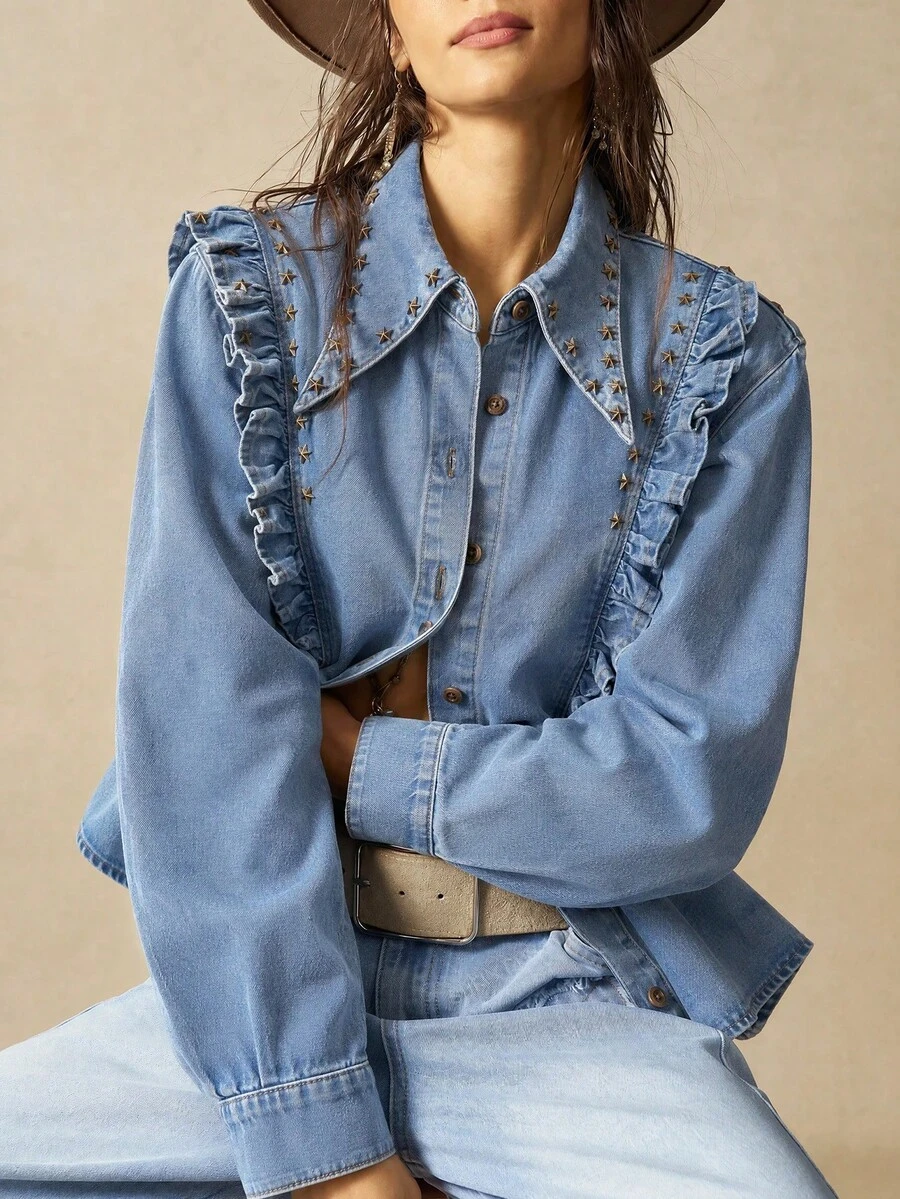 Bohemela Women's Long Sleeve Metal Star Decor Single-Breasted Denim Shirt Autumn Y2K Country 90s Western Tops Clothing Mexican Blouse Rave Concert Light Blue
