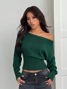 SHEIN PETITE 3D花卉不對稱單肩深綠色寬鬆針織毛衣，浪漫優雅秋冬休閒日常約會穿搭 - 墨綠色 - 查看 1