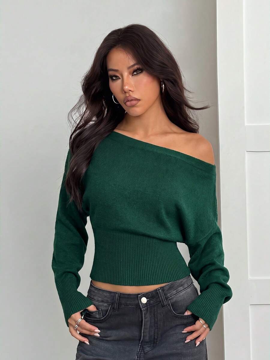 SHEIN PETITE 3D花卉不對稱單肩深綠色寬鬆針織毛衣,浪漫優雅秋冬休閒日常約會穿搭 - 墨綠色 - 查看 1