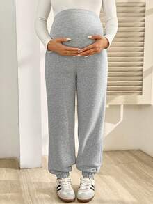 SHEIN Maternity Solid Color Adjustable Waist Casual Versatile Daily Wear Sweatpants - Light Grey - View 5
