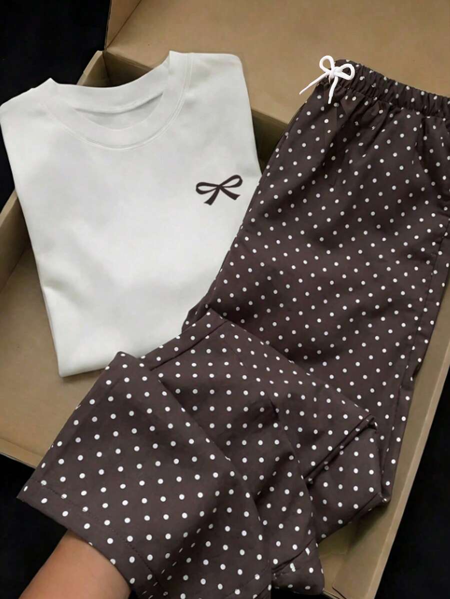 SHEIN Sparklyn 青少年女孩 2件組簡約休閒輕奢印花套裝,圓點寬腿褲兩件套,適合日常外出,夏季舒適穿搭 - 棕色 - 查看 1