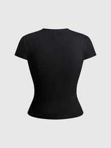 ROMWE Grunge Punk Women's T-Shirt With Rhinestone Slogan, Silver Foil Musical Note, Sexy Street Punk Rock Style - Black - View 2
