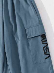 SHEIN Little Byeori Kids Tween Boy Casual Sports Print Pattern Patch Pocket Loose Cuffed Solid Color Cargo Pants, Suitable For Commuting, School, Daily Wear, Vacation, Travel, Sports, Spring, Summer, Autumn, Winter - Blue - View 5
