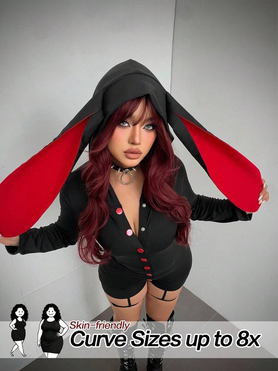 SHEIN CURVE+ Jumpsuit Halloween Ukuran Besar dengan Motif Telinga Kelinci Gelap dan Blok Warna untuk Musim Gugur - Hitam - View 1