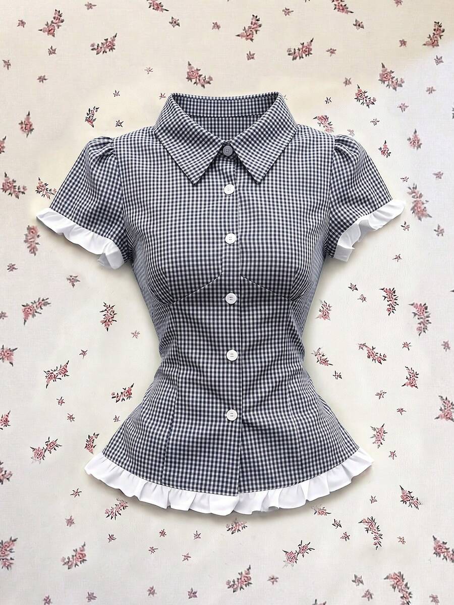 SHEIN Franclia 女款休閒正裝藍色格紋長袖襯衫,附毛球裝飾與獨特領口設計 - 藍色 - 查看 1
