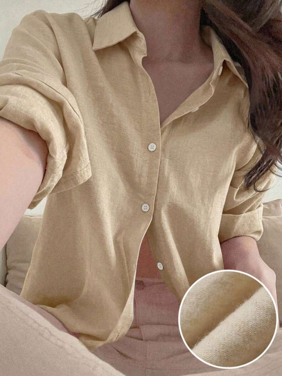DAZY 女款素色休閒百搭日常穿著襯衫 - 卡其色 - 查看 1