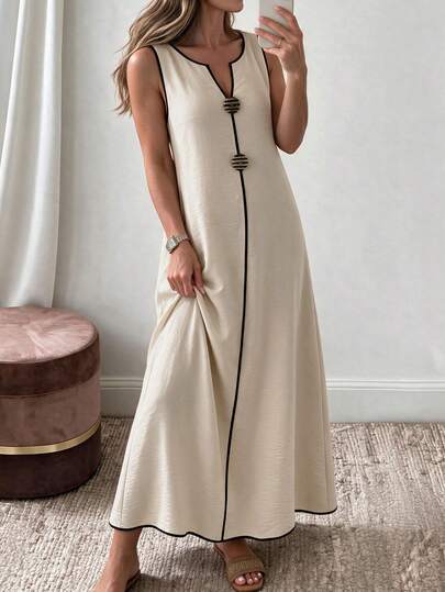 Louniche Vestido Maxi Sem Mangas Texturizado Preto e Branco com Detalhe de Botão e Acabamento, Vestido Casual Minimalista Elegante com Decote em V para Férias e Verão