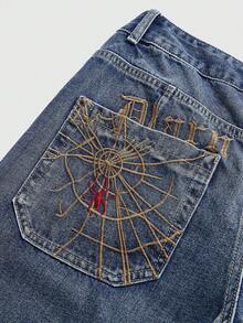 ROMWE Grunge Punk 夏季復古中性街頭龐克蜘蛛網刺繡寬鬆寬腿女款牛仔中長褲 - 藍色 - 查看 4