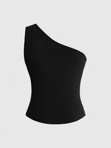 ROMWE Solid Color Casual Street Y2K One Shoulder Cold-Shoulder Eyelet Decor Women's Tank Top - Black - View 2