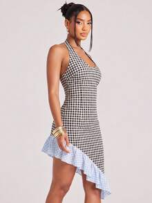 NYA SZN Dress Mini Length High Low Hem Ghingham Color Block Flounce Detail Ruffle Sleeveless Outfits For Women - Black and White - View 3