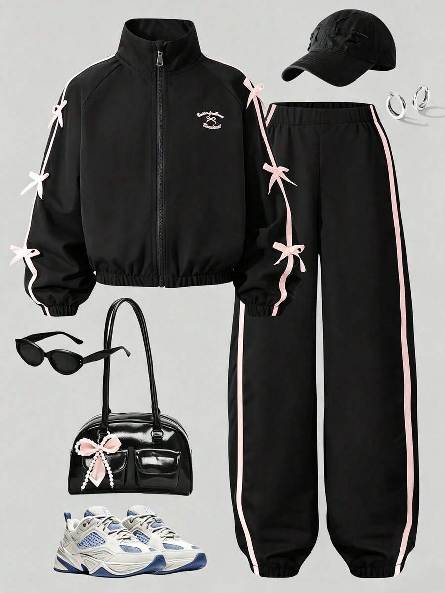 SHEIN 女童休閒百搭簡約夾克套裝,秋季穿搭,胸前字母刺繡,袖口與褲側緞帶蝴蝶結,彈性袖口與下擺 - 黑色 - 查看 1