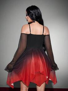 Whyspr Gaun Halloween Goth Gradient Mesh Lengan Panjang Transparan dengan Hem Asimetris untuk Musim Gugur - MultiWarna - View 2