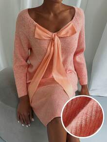 Livesso Winter Pink Sweet 3D Bow Decor Knitted Loose Short Women's Nightgown Fall - Apricot - View 5