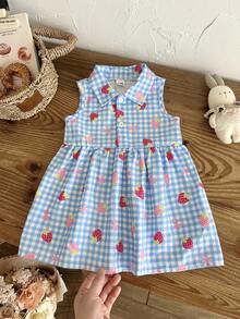SHEIN Baby Girl 0-3years 1pc Casual And Cute Style Sleeveless Strawberry Printing ,Button Short Dress - Blue - View 7