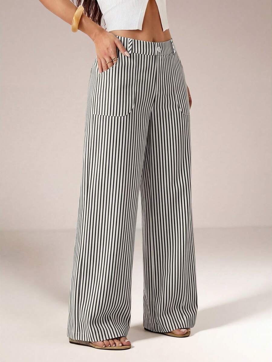 SHEIN PETITE 女款休閒通勤條紋長褲 - 灰色 - 查看 1
