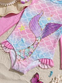 THE HAPPY LOOK Young Girls T-Shirt Co-Ords Baby One-Piece Swimsuit Long Sleeve Colorblock Raglan Sleeves Mermaid Print Ruffle Hem Ocean Print Pink Multicolor Cute Style Cute Print Vacation Style Suitable For Baby Spring Summer Outings Spring Trips Vacation Pool Beach Sand Baby Swimwear - Multicolor - View 4