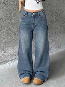 Teen Girl Y2k Dark Blue Denim Loose And Comfortable Straight-Leg Jeans For Rave Outfits Festival - Medium Wash - View 1